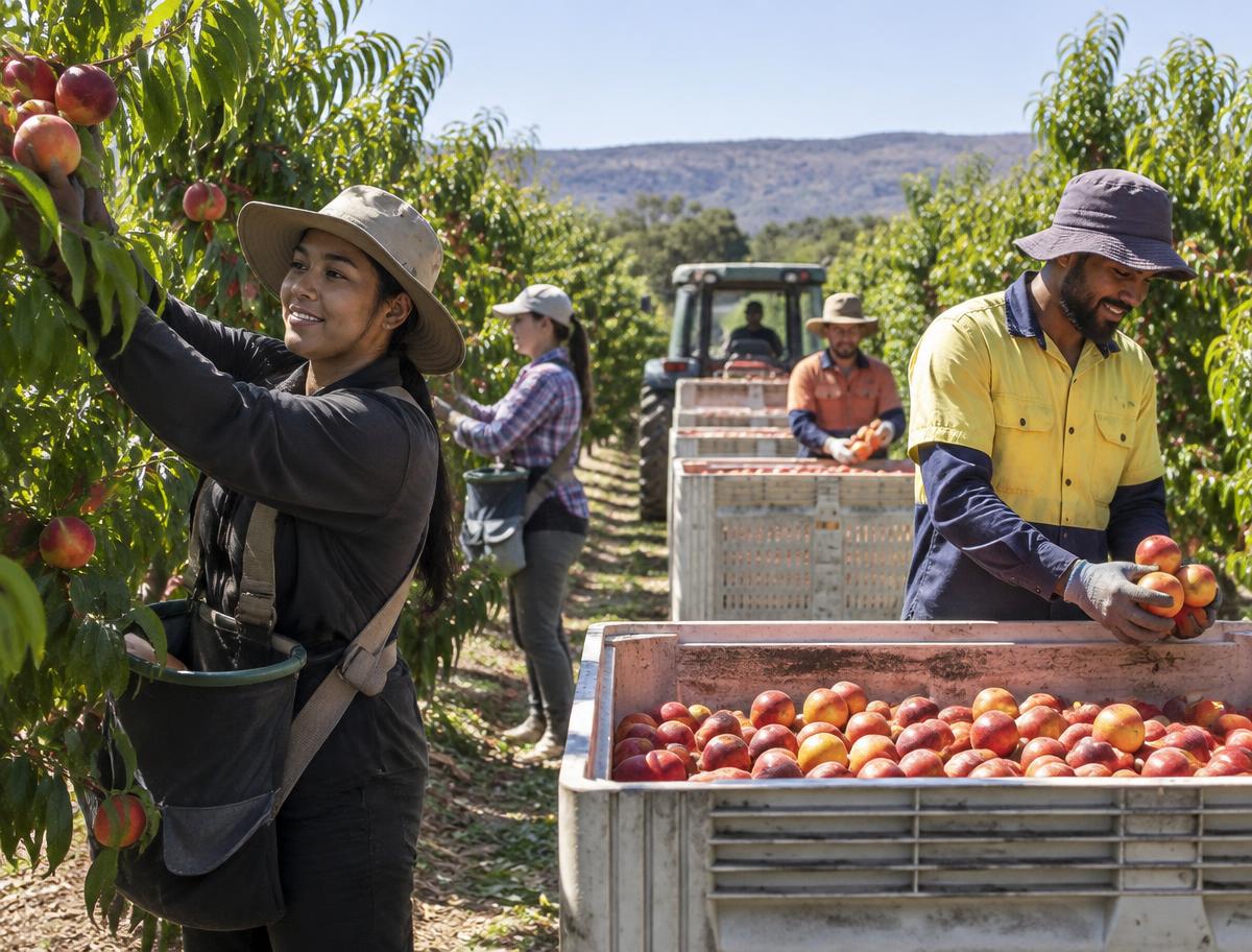 Workers picking fruit during an Australian orchard harvest