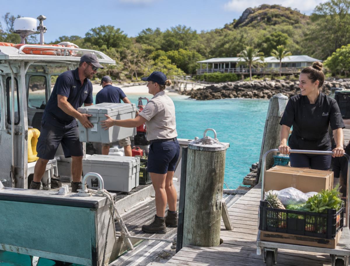 Workers unloading workplace supplies at an Australian island jetty