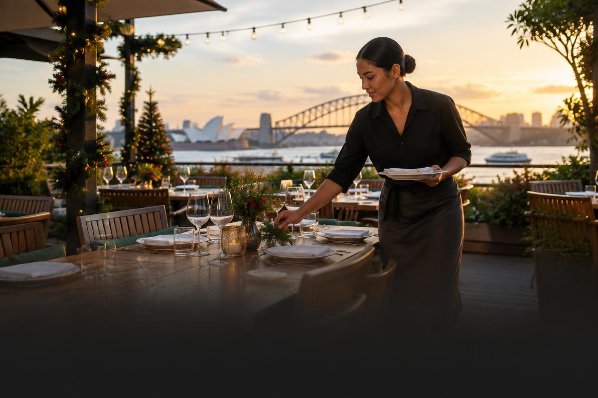 A hospitality worker setting a festive table