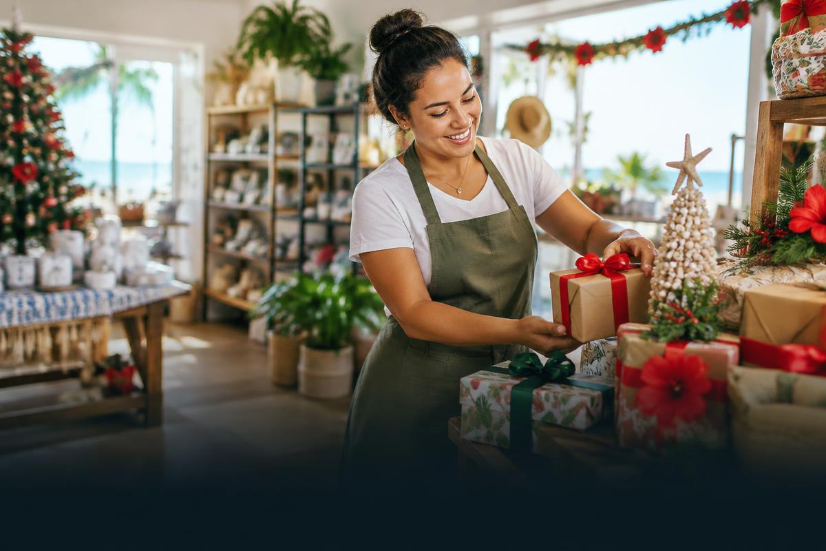 A retail worker arranging Christmas gifts