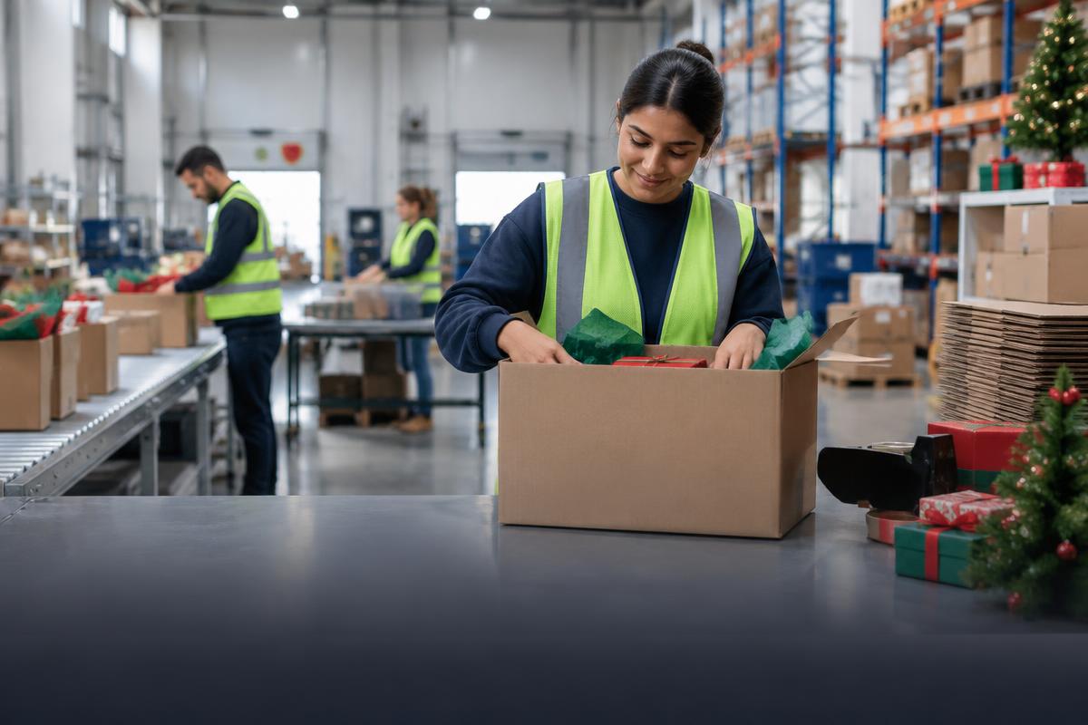 A warehouse worker packing Christmas orders