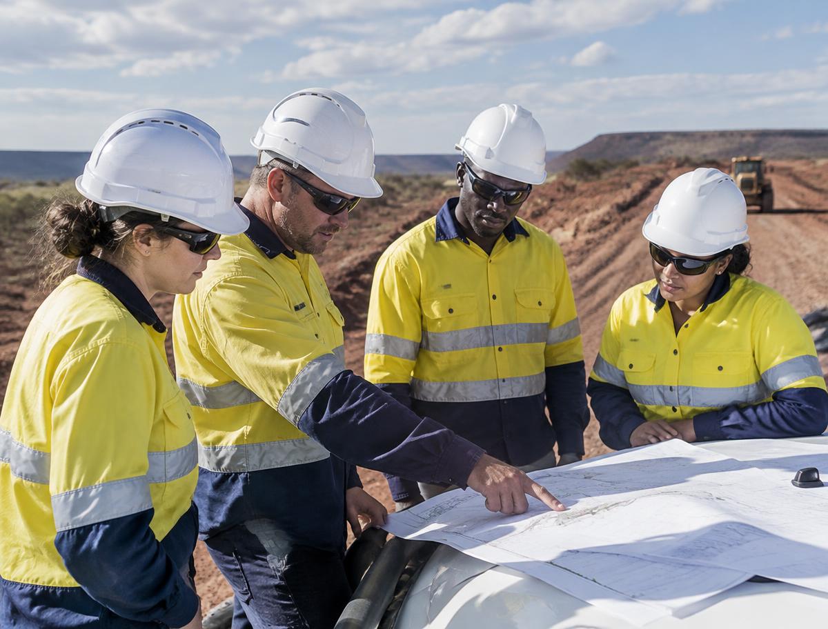 Construction workers reviewing plans at a remote Australian project