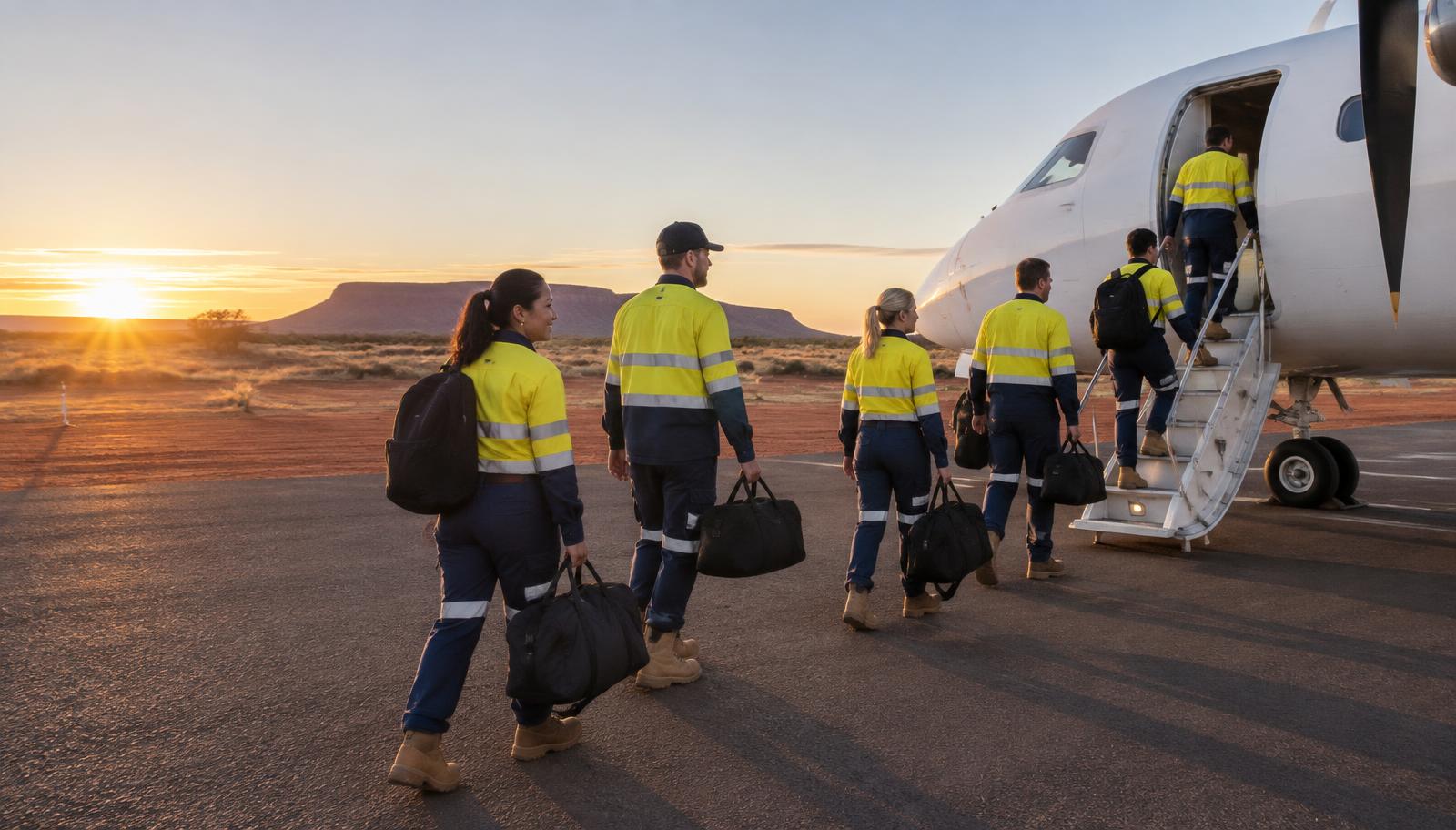 Australian FIFO workers boarding an aircraft for a regional work site
