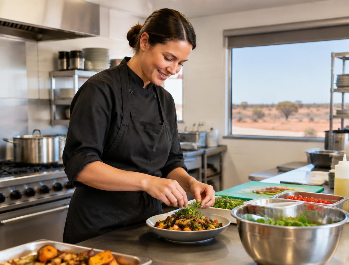 A chef preparing a meal in a remote workforce camp kitchen