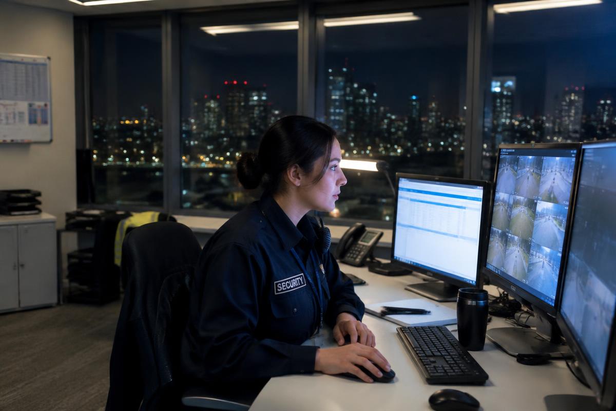 A worker on a night shift at a lit workplace after dark