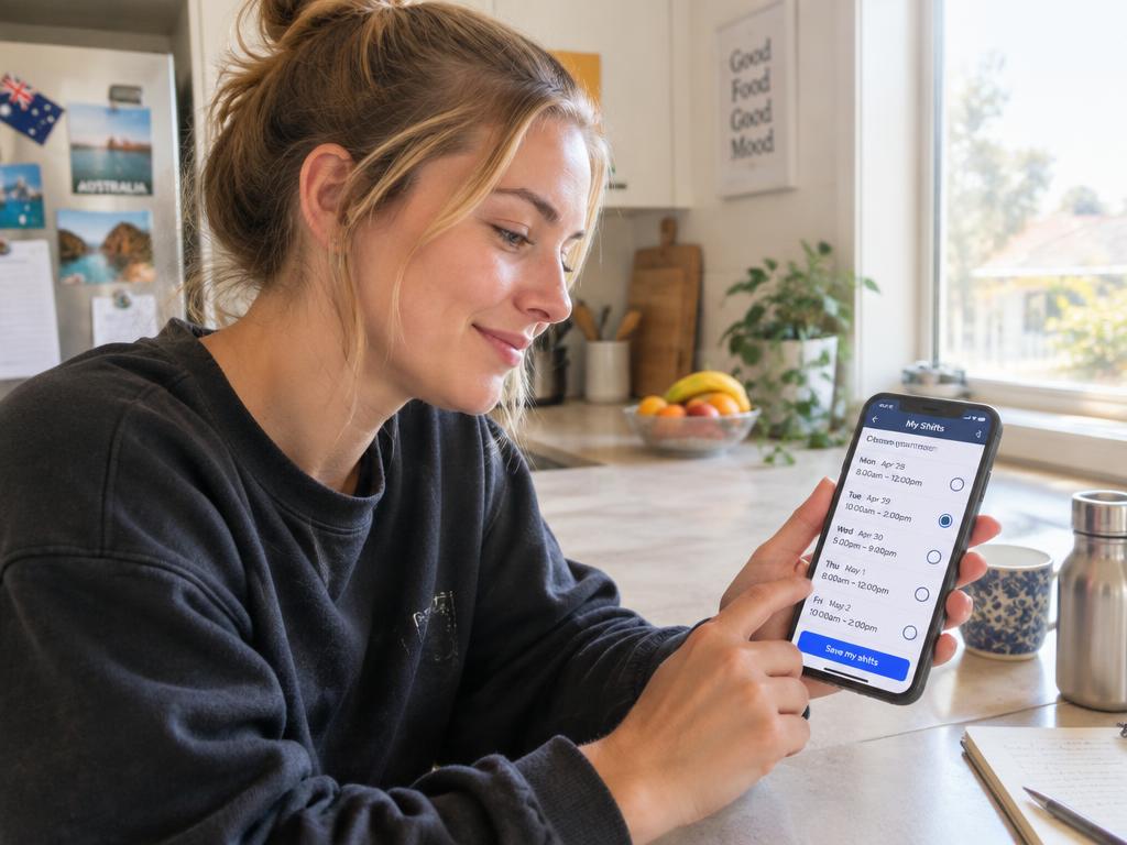 A worker choosing her shifts on a phone at home