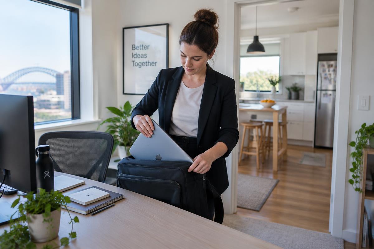 A worker packing a laptop to move between the office and home