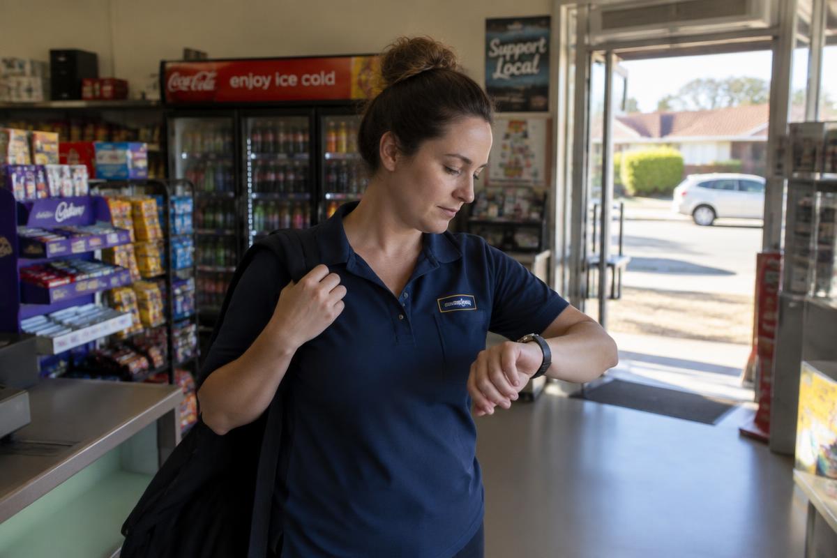 A worker in uniform finishing a short shift at a local shop