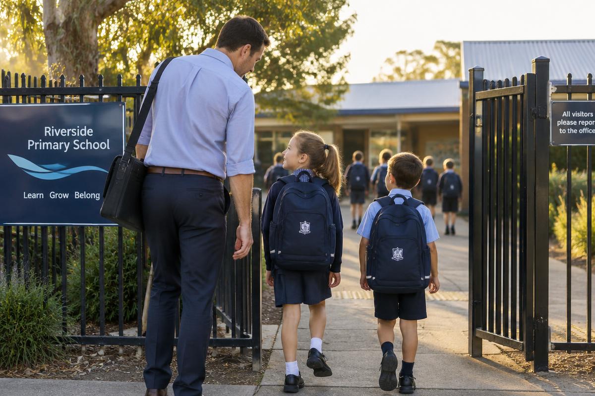A parent dropping children at a school gate before work