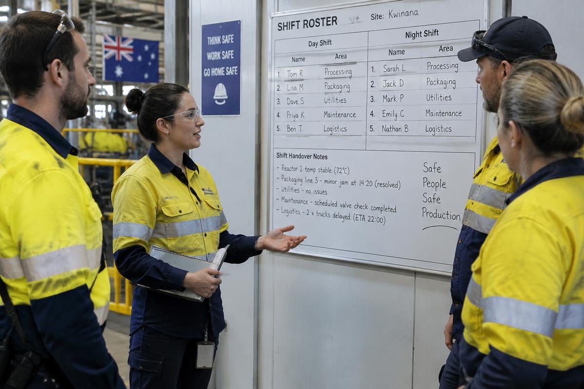 Workers in high-visibility vests handing over at a shift-change board