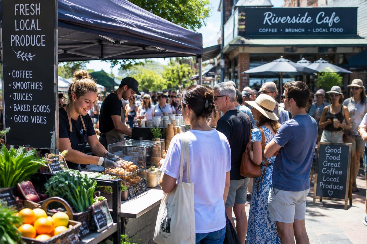 Staff serving customers at a busy Saturday market stall