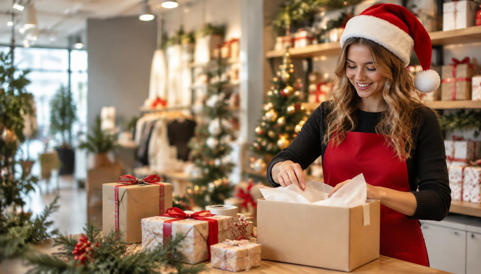 A seasonal worker in a red apron and Santa hat packing Christmas gift boxes in a bright retail store