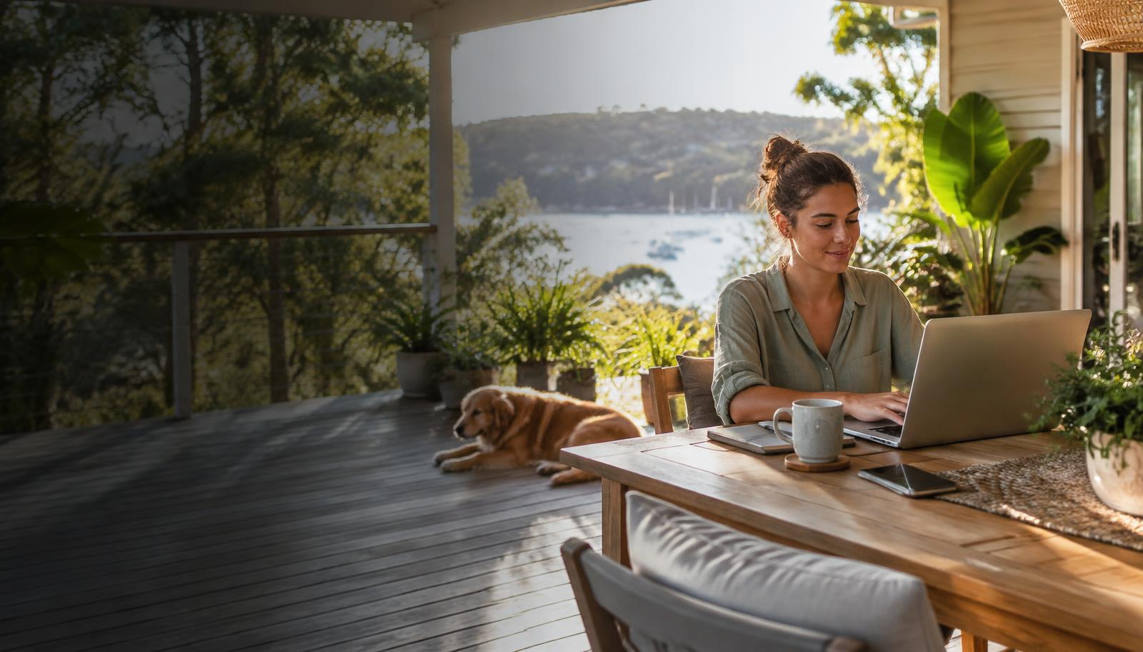 A person working flexibly on a laptop from a relaxed home setting